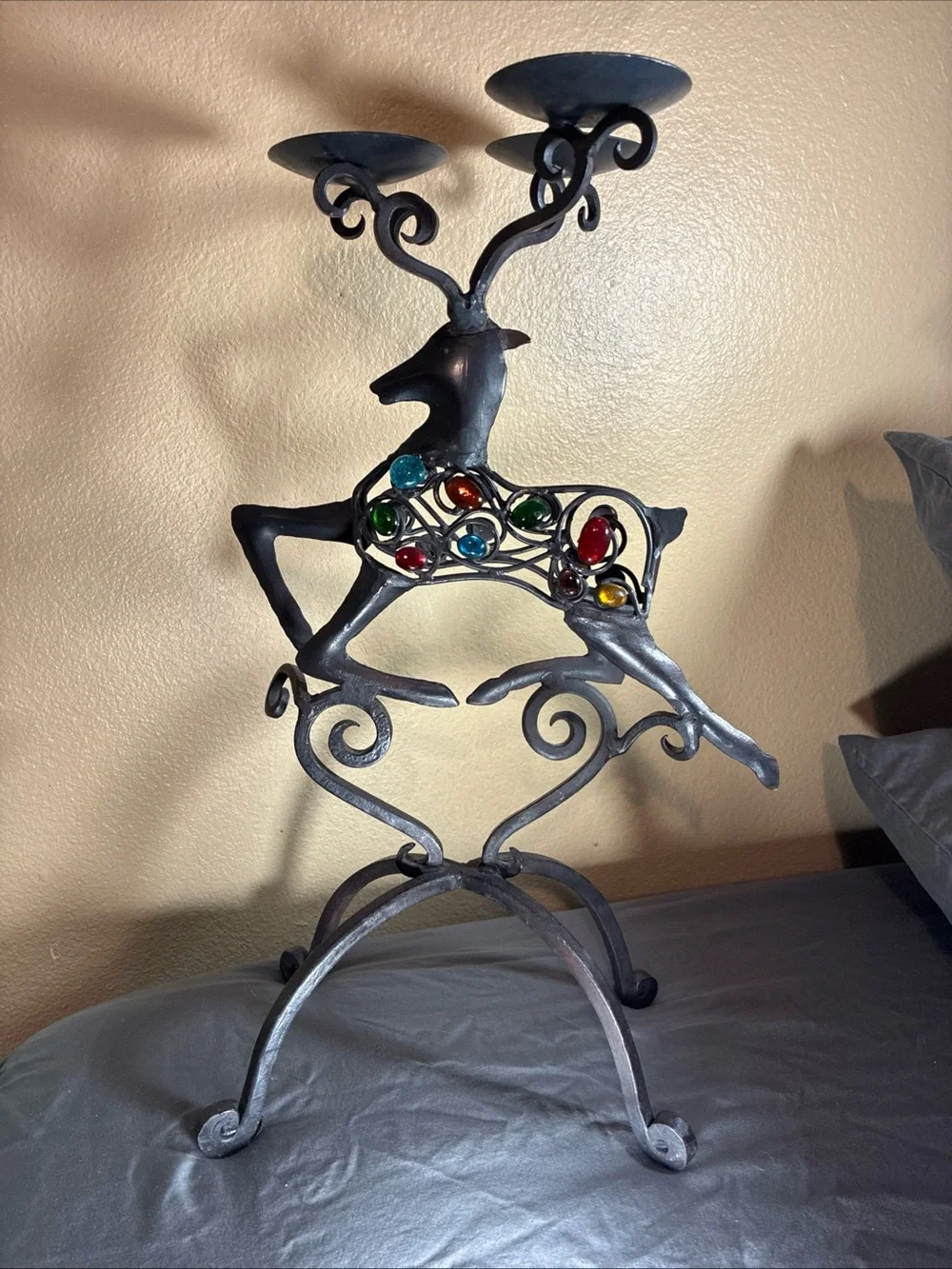 Pier 1 Imports Vintage Christmas Reindeer Tri Candle Holder Forged Iron Reindeer